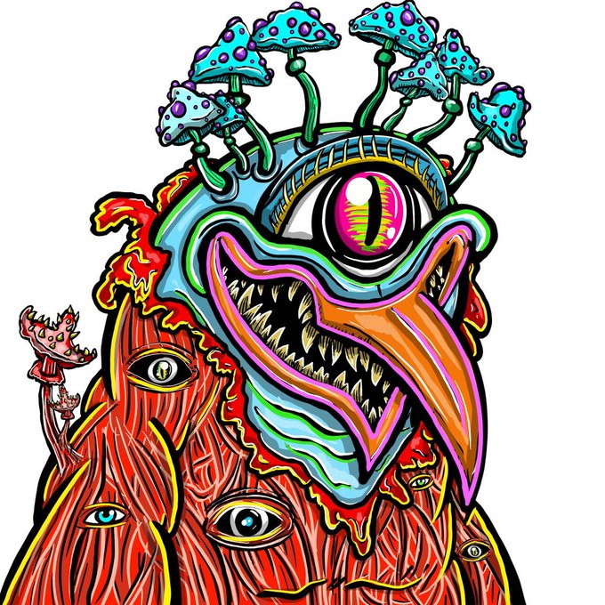 A vibrant, psychedelic digital illustration of a surreal monster with one large eye, a jagged toothy grin, mushrooms growing from its head, and smaller eyes scattered across its red textured body.
