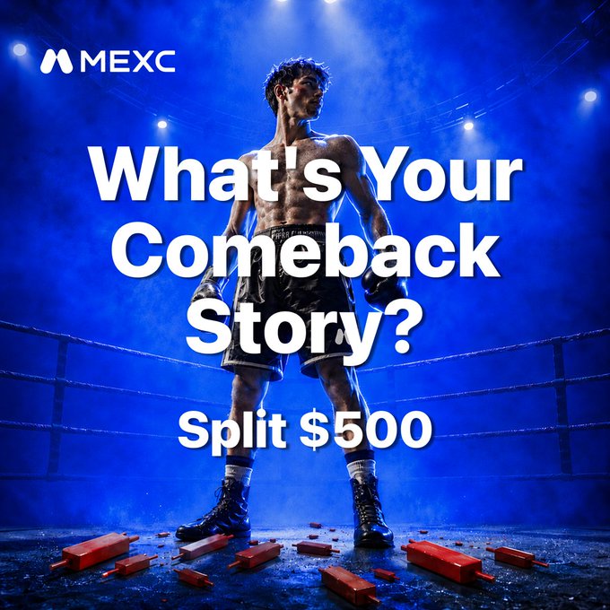 A muscular boxer stands triumphantly in a blue-lit boxing ring surrounded by scattered red bricks, with bold text reading "What's Your Comeback Story? Split $500" alongside the MEXC logo. The post promotes a MEXC global giveaway where traders share their biggest loss comeback stories for a chance to split a $500 prize pool.