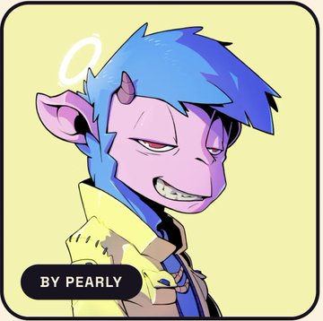 An anime-style illustration shows a blue-haired character with horns and a halo, labeled 'BY PEARLY' at the bottom.