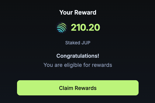 A reward claim screen displaying 210.20 staked JUP tokens with a green "Claim Rewards" button, corresponding to the Q2 Active Staking Rewards (ASR) distribution from Jupiter, available for claim until October 8th at jup.ag/rewards/asr-20.