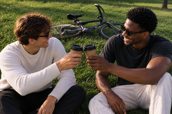 Two men sitting on grass in a park clinking coffee cups together, with a black bicycle lying on the grass behind them.
