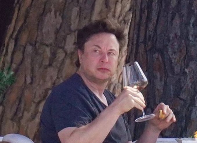 Elon Musk sits outdoors in front of a tree trunk, holding a glass of what appears to be red wine.