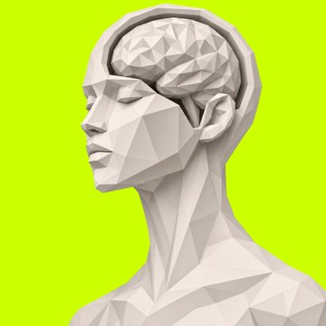A low-poly 3D rendering of a humanoid bust with an exposed brain, set against a bright yellow-green background.