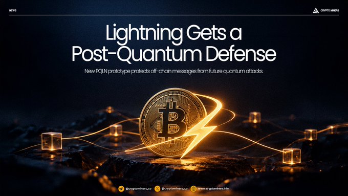 A news graphic titled 'Lightning Gets a Post-Quantum Defense' with the subtitle 'New PQN prototype protects off-chain messages from future quantum attacks,' featuring a glowing Bitcoin coin and lightning bolt, branded with Crypto News and @cryptonews_info.