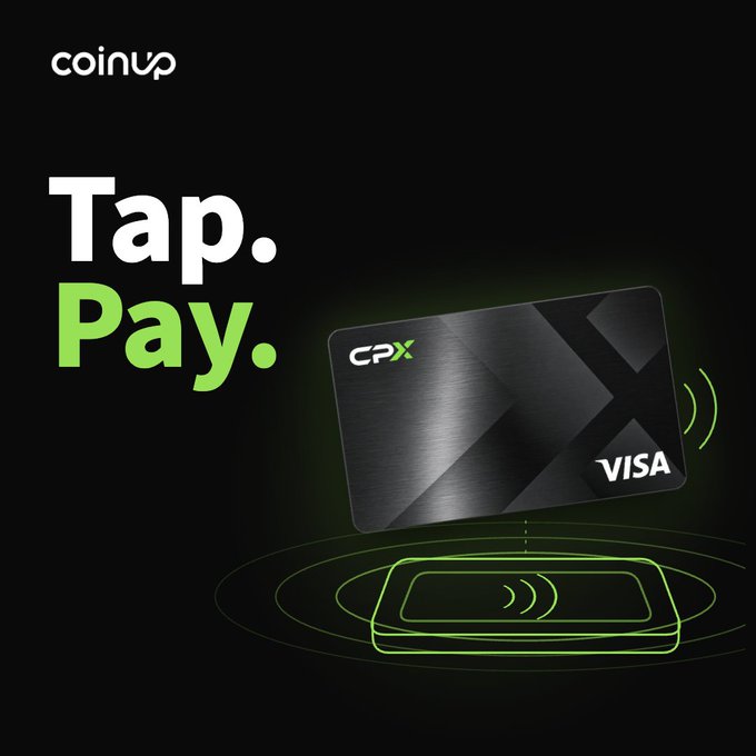 A CoinUp advertisement displaying 'Tap. Pay.' in white and green text alongside a black Visa contactless CPX card above a payment terminal.
