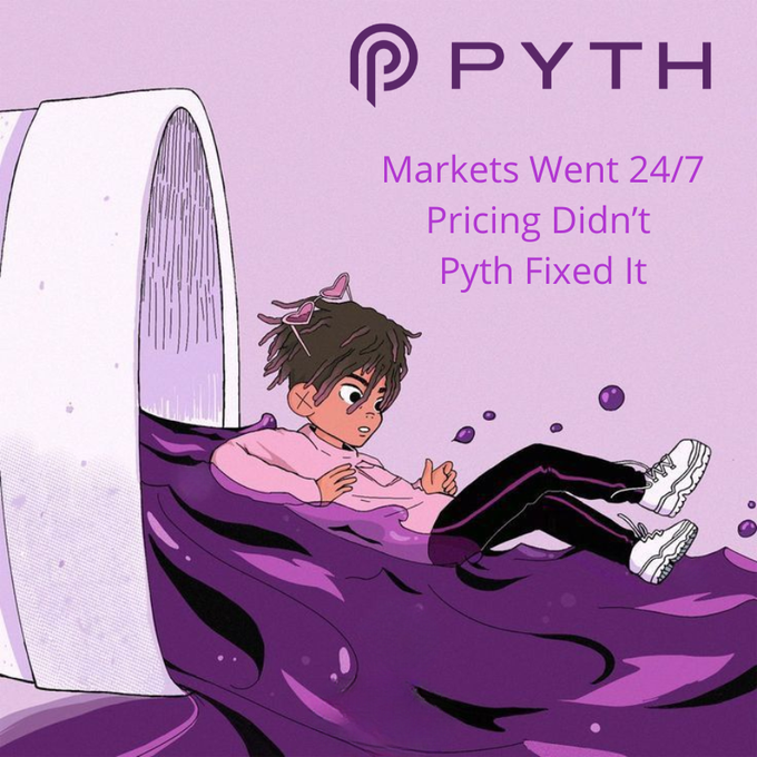 The image features an illustration of a cartoon person lying upside down in a giant pot filled with purple liquid. The caption reads " Markets went 24/7, but Pricing didn't. @PythNetwork fixed that mismatch. Now live across oil, equities, metals and thematic baskets. Used already by Coinbase, Kraken, dYdX, and Nado". This image seems to be promoting a new product or service related to markets, pricing, and trading.