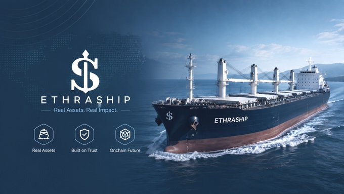 A large cargo ship sailing on the ocean with 'ETHRASHIP' branding, alongside the logo 'ETHRASHIP - Real Assets. Real Impact.' featuring icons for Real Assets, Built on Trust, and Onchain Future.