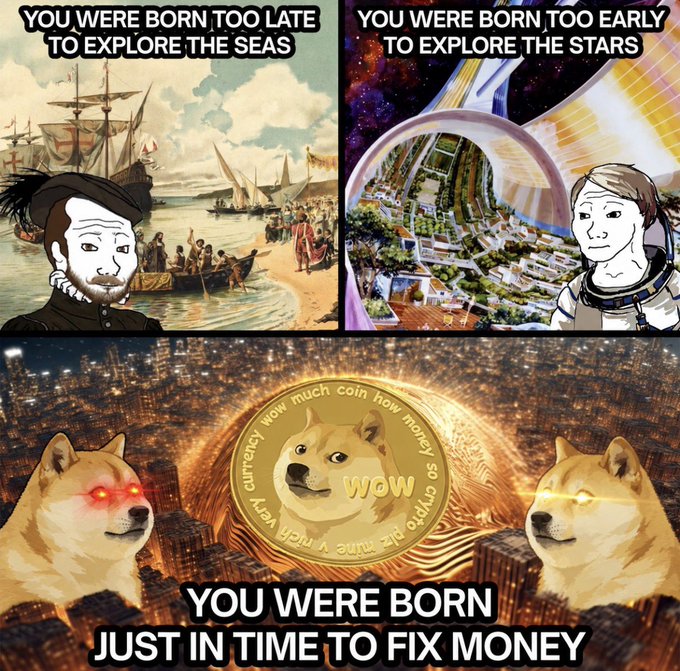 A three-panel meme contrasting historical exploration eras, with text 'YOU WERE BORN TOO LATE TO EXPLORE THE SEAS', 'YOU WERE BORN TOO EARLY TO EXPLORE THE STARS', and 'YOU WERE BORN JUST IN TIME TO FIX MONEY' alongside Shiba Inu dog illustrations and a Dogecoin.