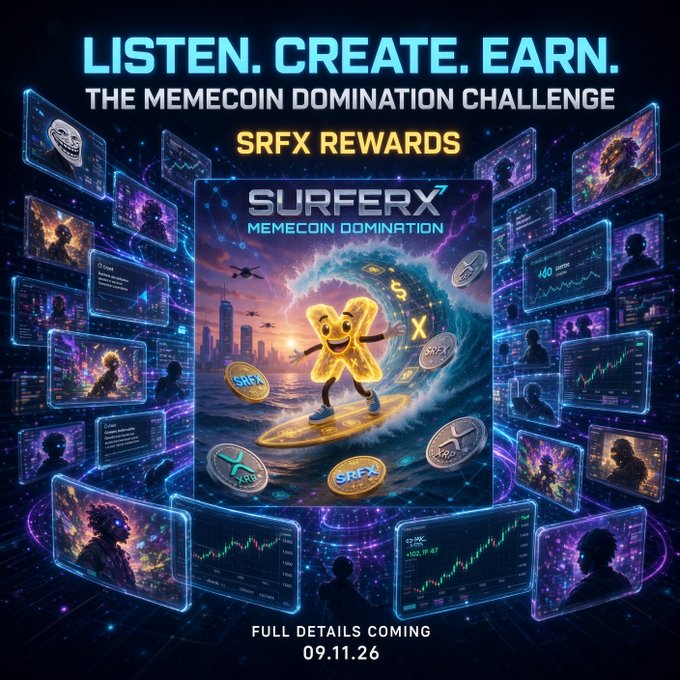 A promotional poster for 'THE MEMECOIN DOMINATION CHALLENGE' offering 'SRFX REWARDS', featuring a cartoon 'X' character surfing a wave of coins with multiple trading screens in the background, dated '09.11.26'.
