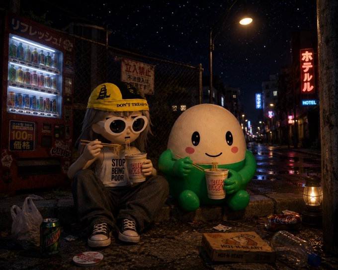 The image features two cartoon-like figures, a girl and an egg, sitting next to each other on a sidewalk at night with cups of food in their hands. They are surrounded by various objects such as bottles, a cup, and a pizza box. The scene is set against a backdrop of buildings and streetlights, creating a nighttime atmosphere. The image also includes text that reads "Don't be mean to others", which could potentially be related to the post about eating at a fast food restaurant or discussing the importance of treating others with respect.