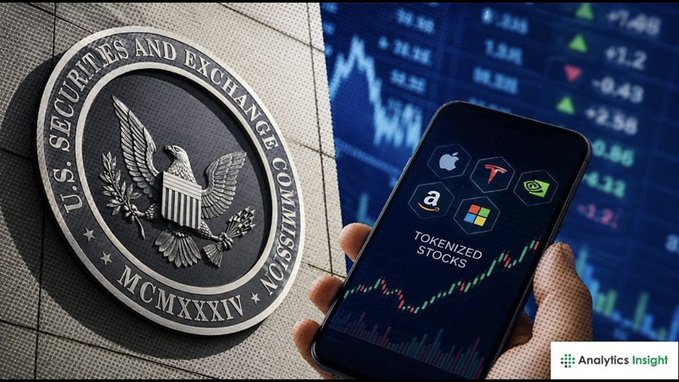 A hand holds a smartphone displaying 'TOKENIZED STOCKS' with logos including Tesla, alongside the U.S. Securities and Exchange Commission seal and stock market graphics, watermarked 'Analytics Insight'.