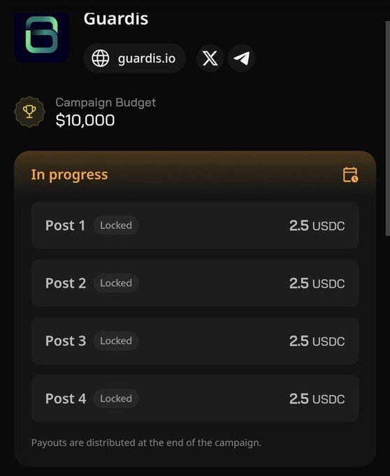 This image shows a cell phone displaying some information about campaign budgeting, specifically related to the Guardisio app. The app's user profile page provides details of various posts that have been posted for the campaign and their respective budgets. There are four posts listed with different budgets, and three of them have already been locked. 

Furthermore, the post on the left has a lock count of 3, which means it has not yet been completed or updated with its budget. The app is also promoting the idea that users can make payments for their contributions, stating "Good evening CT To get selected for wallchain campaign isn' t hard, you were the one that charged much for four posts. Next time put a total of $10 for all the posts and you will happily get selected."