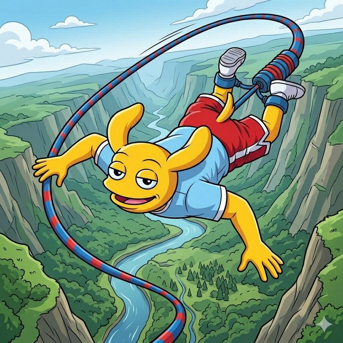 A cartoon illustration of a yellow character bungee jumping into a canyon with a river below, wearing red shorts and a blue shirt.