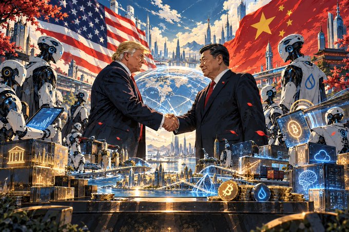 A digital artwork depicting Donald Trump and Xi Jinping shaking hands in front of an American flag and Chinese flag, surrounded by futuristic robots, a glowing globe, and cryptocurrency symbols like Bitcoin.