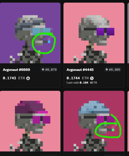 Four pixel-art style NFT character listings labeled 'Argonaut #6669' and 'Argonaut #4445' with prices around 0.17 ETH, where two characters have green circles drawn around their mouths highlighting skull imagery.
