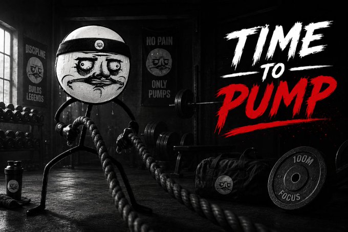 A black-and-white gym scene features a determined white sphere with a headband gripping battle ropes, surrounded by motivational posters reading "DISCIPLINE BUILDS LEGENDS" and "NO PAIN ONLY PUMPS," with bold text declaring "TIME TO PUMP." The dark, gritty aesthetic ties directly into the post's rallying call to pump, amplifying the $MEGUSTA hype with a fierce, motivational fitness vibe.
