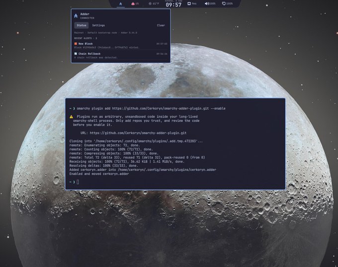 A desktop screenshot featuring a large moon background, with terminal windows showing Omarchy add-on plugin installation commands and status alerts.