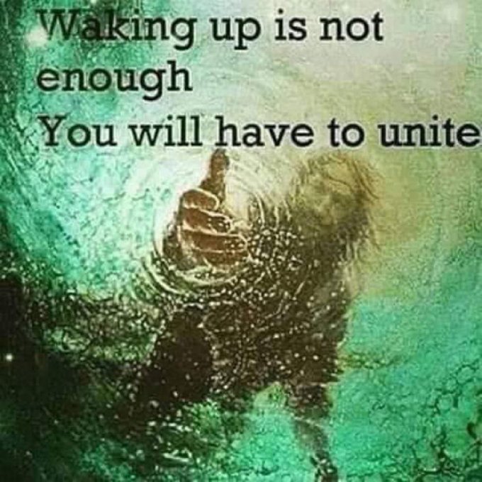 A motivational-style graphic with a green, textured background showing a silhouetted figure sitting in a meditative pose, overlaid with the text 'Waking up is not enough You will have to unite'.
