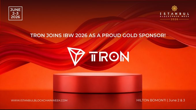The image features a red background with white text that reads "TRON joins IBM 2026 as a proud gold sponsor!" The text also includes the names of the sponsors, Istanbul Blockchain Week and TRON.