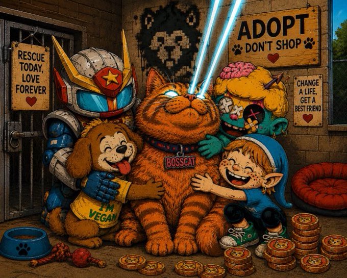 A colorful digital illustration of a cat with laser eyes, a dog, a robot, a zombie, and an elf at an animal shelter with signs reading 'ADOPT DON'T SHOP' and 'RESCUE TODAY, LOVE FOREVER'.