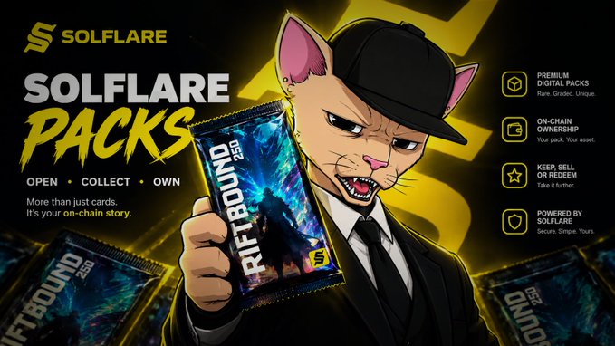 An advertisement for 'SOLFLARE PACKS' featuring an animated cat in a suit and cap holding a 'RIFTBOUND' booster pack, promoting digital NFT card ownership with the tagline 'It's your on-chain story.'