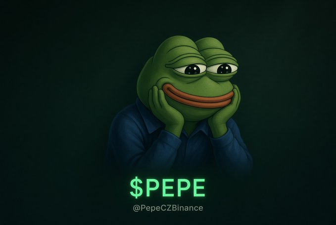 A digital illustration of the Pepe the Frog meme character wearing a blue shirt with hands on his cheeks, displayed with '$PEPE' ticker and '@PepeCZBinance' handle below.
