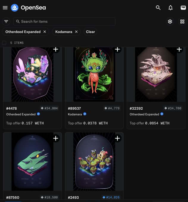 A screenshot of the OpenSea NFT marketplace showing 5 items filtered by 'Otherdeed Expanded' and 'Kodamara,' displaying various digital collectibles with their prices in WETH and ETH.