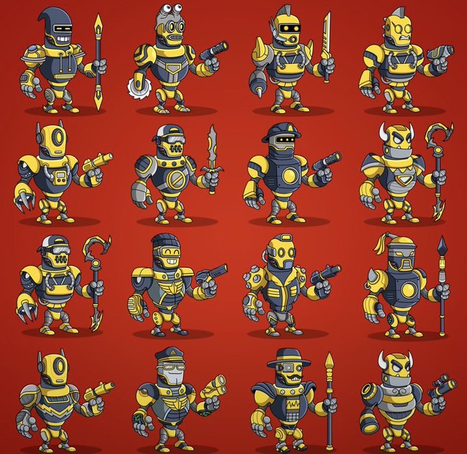 A grid of 16 cartoon-style robots in yellow and gray, each equipped with different weapons and accessories, set against a red background.