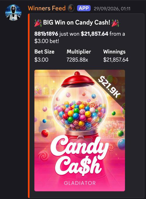 A "Winners Feed" screenshot announcing a big win on Candy Cash, showing user 881b1896 won $21,857.64 from a $3.00 bet with a 7285.88x multiplier.