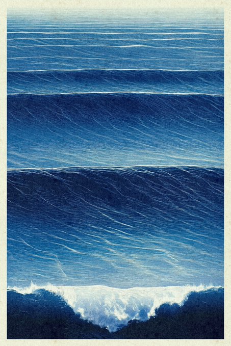 The image features a painting that depicts a beautiful scene of ocean waves crashing against the shoreline. The artist has used shades of blue to create an impressionistic style, capturing the essence of the ocean's power and beauty. The painting is displayed on a white background, which further accentuates its colors and details. The artwork is part of a collection called "The Builders Dao" by @TheBuildersDao gallery, with the post number 5 posted in the comments section below the image.
