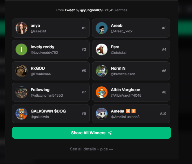 The image displays a winner selection page from a Twitter giveaway by @yungrEal69, featuring 20,413 entries, listing the top 10 winners: @szaexbt (#1), @Areeb_xyzx (#2), @lovelyreddy762 (#3), @etstsiali (#4), @FmAkimaa (#5), @bravecalasan (#6), @rdbxcncnvn54353 (#7), @AlbinVargh74048 (#8), @galksiwin (#9), and @AmeliaLucinda8 (#10), with a "Share All Winners" button, confirming the congratulatory post announcing each winner has won $250 in SOL.