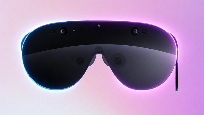 A sleek black mixed-reality headset with multiple front-facing cameras and sensors, illuminated by a purple and blue neon glow against a light background.