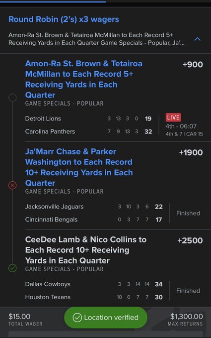 A DraftKings mobile screenshot showing three NFL player prop round robin wagers ($15 total wager, up to $1,300 max return) — including Amon-Ra St. Brown & Tetairoa McMillan (+900), Ja'Marr Chase & Parker Washington (+19000, lost), and CeeDee Lamb & Nico Collins (+2500, won). The image serves as promotional proof of the $15 turning into thousands in returns, matching the post's claim that users made thousands starting from a small wager.