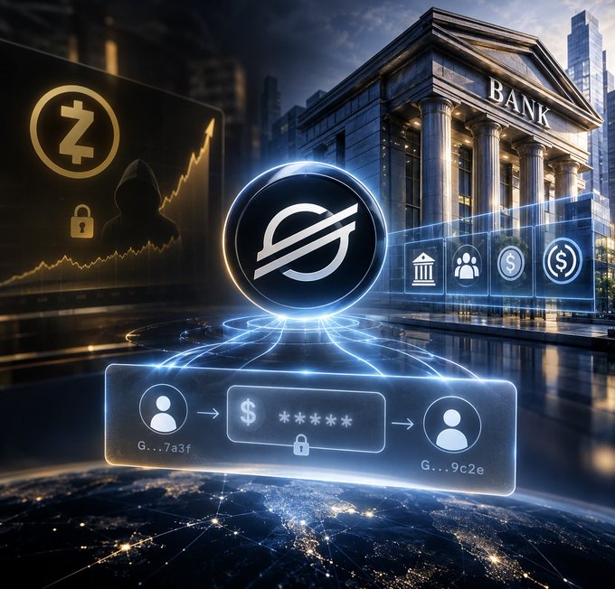 A digital illustration depicting a cryptocurrency or financial transaction system with a glowing symbol, user avatars, and locked dollar sign data flowing toward a 'BANK' building, while a hooded hacker figure and a Zcash logo appear on the left.