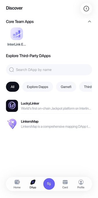 The image shows the InterLink DApp discovery page, with "LuckyLinker" listed as the "World's first on-chain Jackpot platform on Interlin...". This visually confirms the news that LuckyLinker is live on InterLink Seoul Private Mainnet.