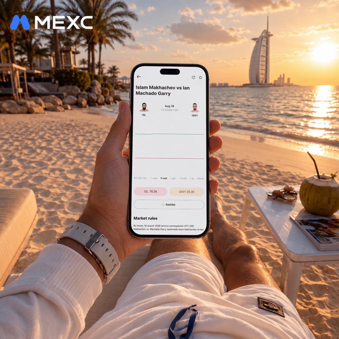 A first-person view of a hand holding a smartphone displaying a sports betting app showing odds for a fight between 'Islam Makhachev' and 'Ian Machado Garry', set against a beach scene with the Burj Al Arab visible in the background and a 'MEXC' logo in the corner.