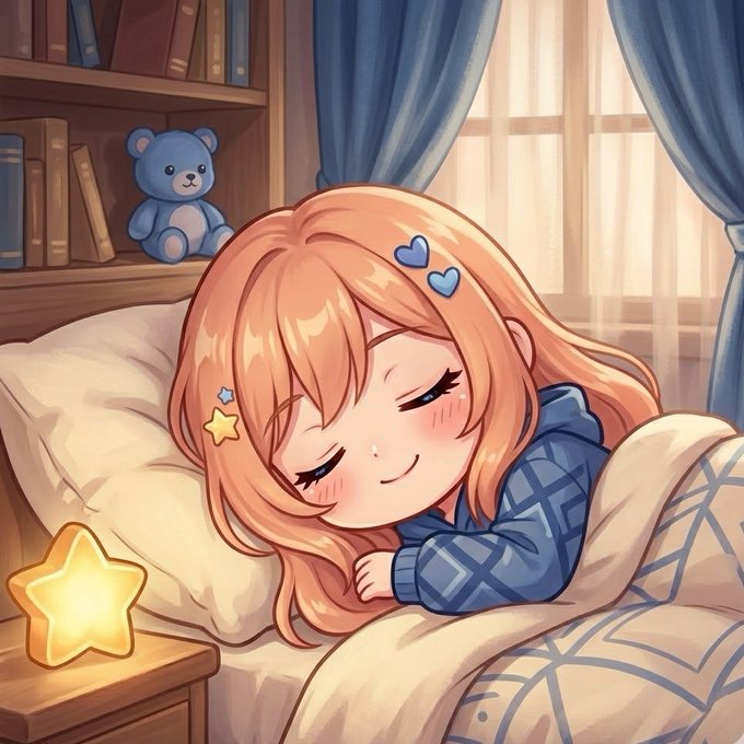 The image features a cartoon girl with long hair, wearing a blue sweater, lying down in bed next to a teddy bear. The scene takes place at nighttime, as indicated by the presence of a star-shaped light that illuminates her surroundings. The girl appears to be sleeping peacefully, and there are books visible on a nearby shelf or bookcase, suggesting an environment conducive for reading or studying.