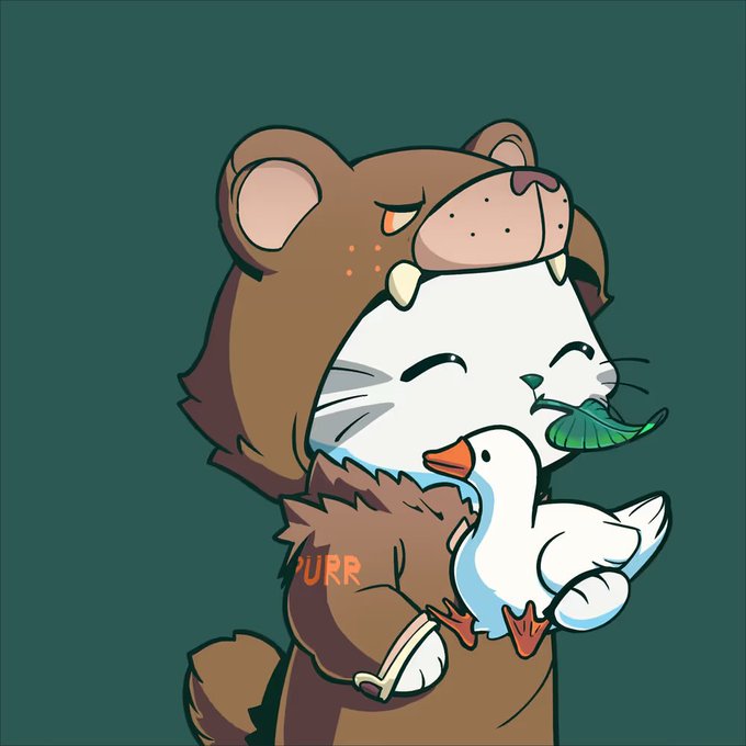 A cartoon illustration of a cute white creature being hugged by a brown bear wearing a bear costume head, while the smaller character holds a green leaf, signed 'URR' against a dark green background.