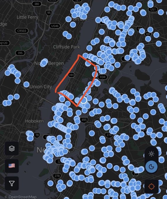 A dark map of the New Jersey/New York City area is densely covered with blue location pins, with an orange polygon outlining a roughly triangular section centered between North Bergen, Union City, and the Hudson River waterfront. The concentration of pins inside and especially around the highlighted area visually reinforces the shocking scale of activity or reported incidents in this region.