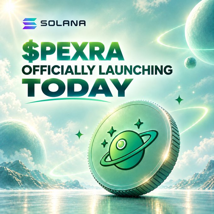 A vibrant promotional graphic announces "$PEXRA OFFICIALLY LAUNCHING TODAY" alongside the Solana logo, featuring a large green coin with a planet design set against a cosmic backdrop of rings, stars, and floating planets. The image aligns with the launch announcement, visually emphasizing the meme coin's Solana-based debut and its space-themed branding tied to the 14:00 UTC launch event.