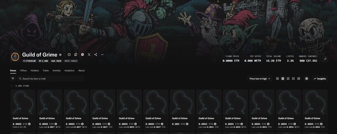 An OpenSea NFT collection page titled "Guild of Grime" displaying various character artwork and a row of dark profile placeholders with prices in ETH.