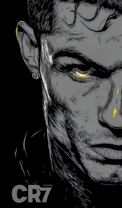Stylized black and white illustration of Cristiano Ronaldo (CR7) with glowing yellow eyes, featuring the 'CR7' logo at the bottom.