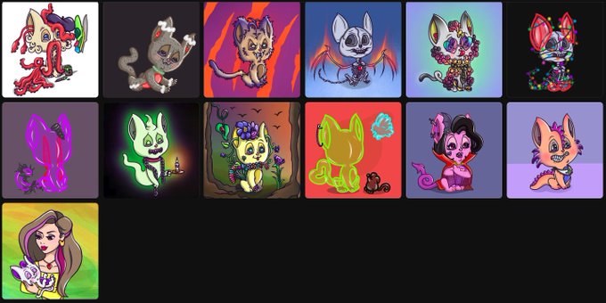 A collection of cartoon cat character illustrations in various styles and color schemes, including neon, spooky, and cute designs, arranged in a grid on a black background.