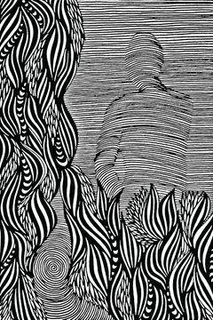 A high-contrast black and white abstract drawing shows flowing, distorted line patterns resembling waves, striped foliage, and concentric circles.