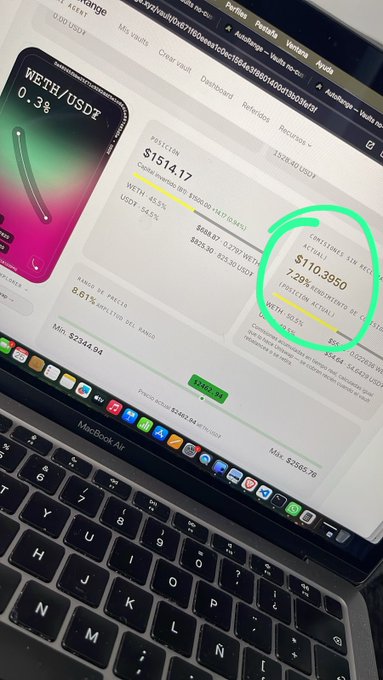 A laptop screen displays a cryptocurrency trading platform showing WETH/USDT at -0.3% and WETH trading at $1514.17, with a hand-drawn green circle highlighting the 'Consumer 1D Re... Actually' figure of $110,3950.