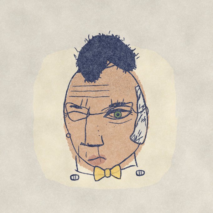 A watercolor-style illustration depicts a quirky portrait of a bald man with a dark tuft of hair, an eyepatch over his left eye, and a yellow bow tie. The character appears to represent "Obvious Punk" or one of the Naives NFT options mentioned in the post, serving as a visual tease for which collectible the creator will mint with their single pass.