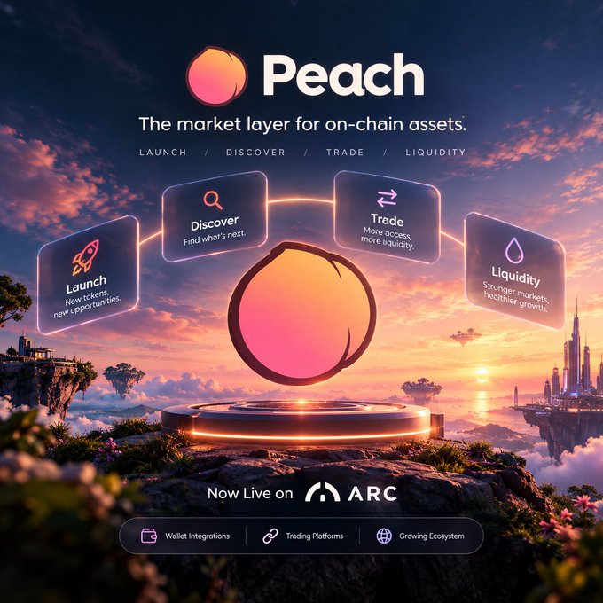 A promotional graphic for 'Peach', described as 'The market layer for on-chain assets,' featuring sections for Launch, Discover, Trade, and Liquidity, with the tagline 'Now Live on ARC'.
