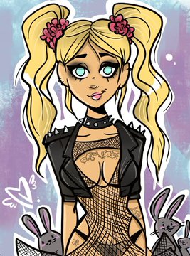 A digital illustration features a stylized blonde character with high pigtails adorned with pink flowers, wearing a studded black leather jacket over a fishnet outfit, with a heart tattoo on her chest. The edgy, cartoonish artwork, signed by "BVR13," complements the celebratory post about winning a piece from the MetaVixensNFT collection, showcasing the vibrant and rebellious art style typical of the project.