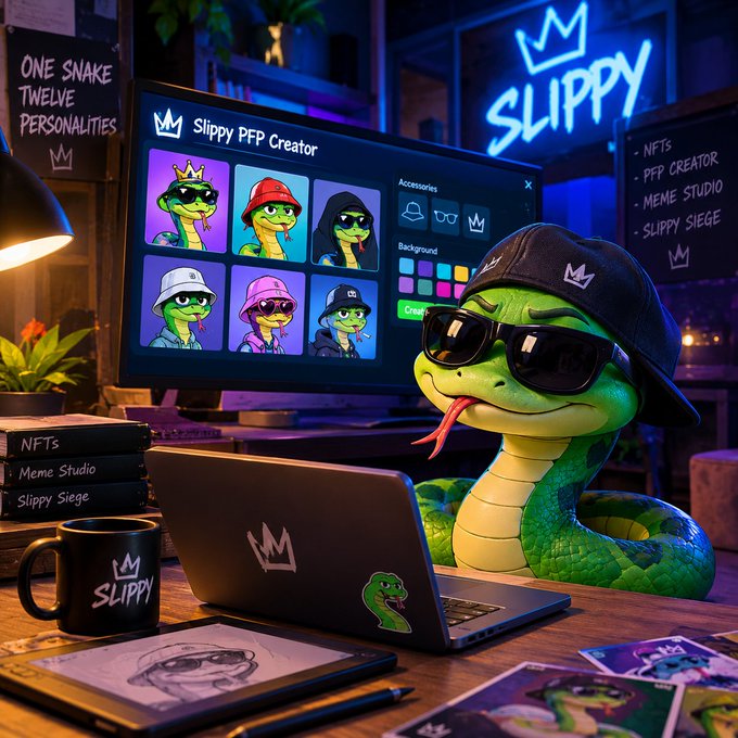 A stylized digital illustration of a green snake mascot wearing sunglasses and a cap, using a 'Slippy PFP Creator' interface on a monitor, with neon 'SLIPPY' signage and 'One Snake Twelve Personalities' text.