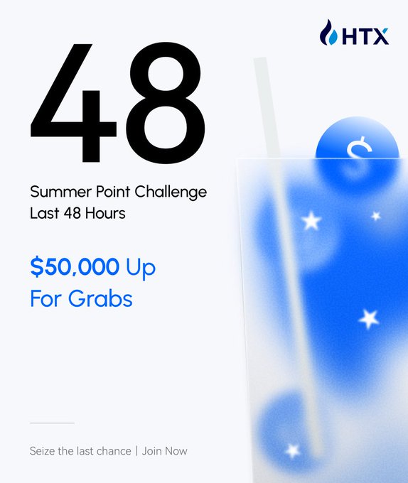 HTX promotional graphic for the "Summer Point Challenge - Last 48 Hours," featuring bold "48" text, a $50,000 prize pool, and the HTX logo alongside an image of a blue drink with a dollar-sign garnish, with the tagline "Seize the last chance | Join Now."